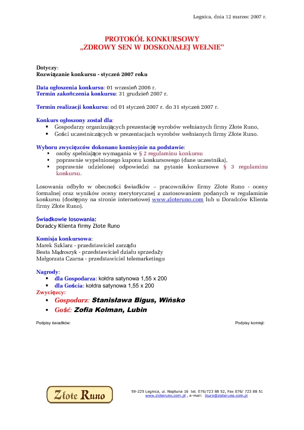 Wyniki konkursu z stycznia 2007