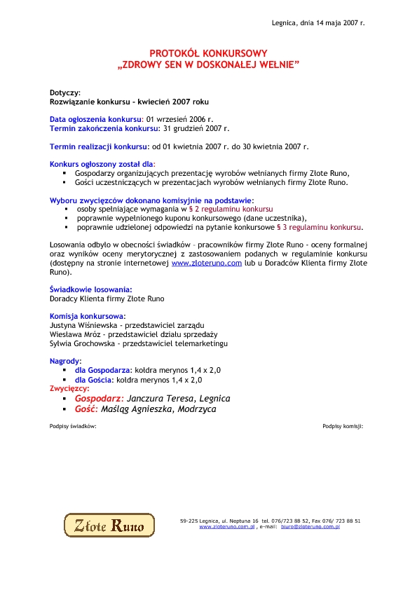 Wyniki konkursu z kwietnia 2007